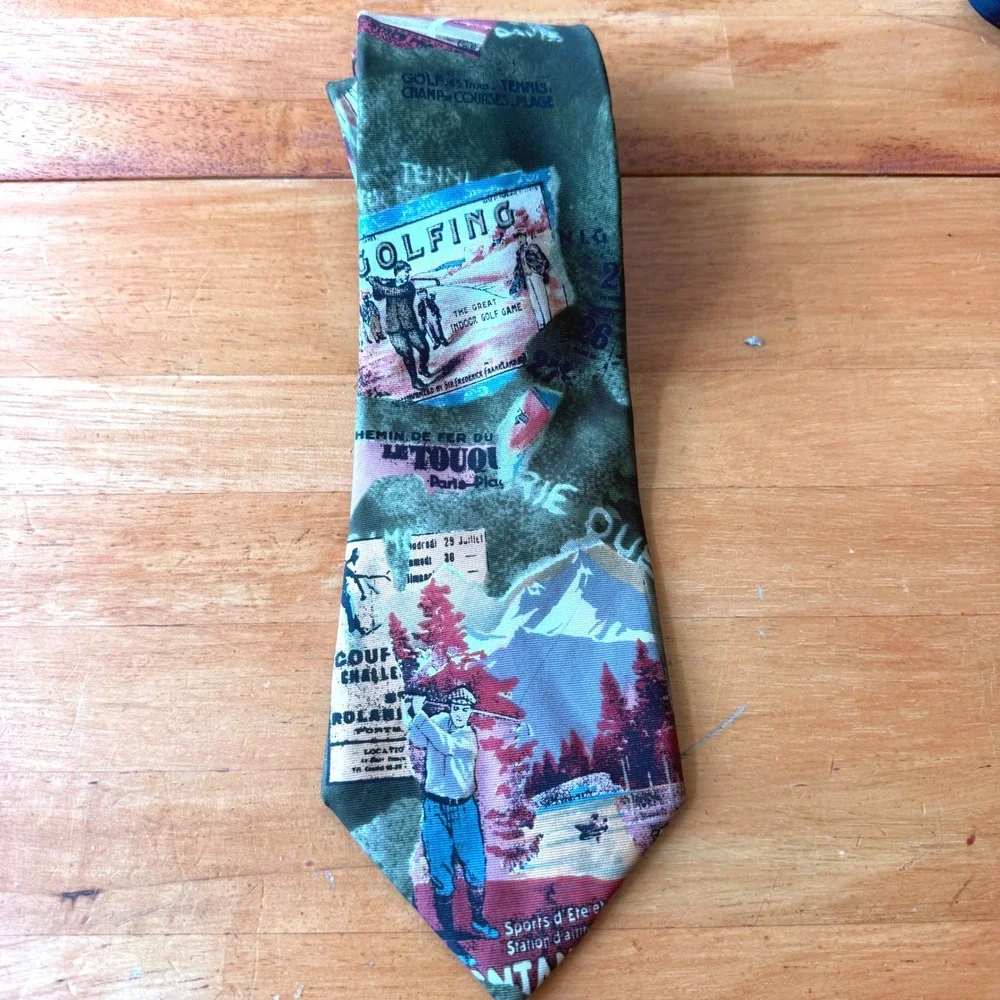 Zylos George Machado Silk Tie Vintage Golf Tennis Sports Graphic Olive Green